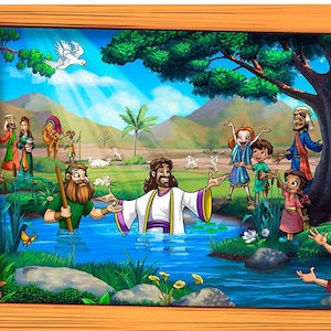 Peel and Stick Biblical Cartoon Jesus' Baptism Easter Depiction Framed Mural Wall Art Decal (Frame or Scroll!)