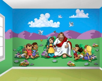 Biblical Jesus and the Children Room in a Tube Peel and Stick Wall Decals Mural Kit (w/ Add-On Options!)