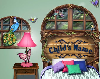 Personalized Fantasy Forest Fairies Butterflies Peacock Themed Little Girl's Twin Bed Peel and Stick Headboard Wall Decal