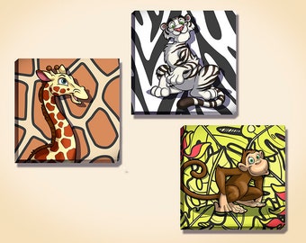 Choice of Jungle Animals (Monkey, White Tiger or Giraffe) on Exotic Leaves & Animal Print Backgrounds Stretched Canvas