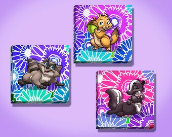 Choice of Chipmunk, Skunk or Raccoon on a Bright Colorful Flowers Background Stretched Canvas