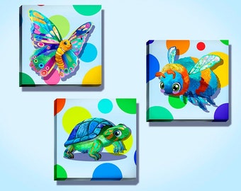 Choice of Calico Style Butterfly, Turtle or Bee on Polka Dot Background Stretched Canvas