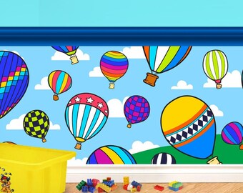 Kids Hot Air Balloon Peel and Stick Wainscot Wall Decal Wallcovering (Choice of Border Color and Optional Coordinating Decals!)