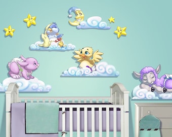 Nursey Crib Baby Animals, Clouds and Stars Peel and Stick Wall Decals