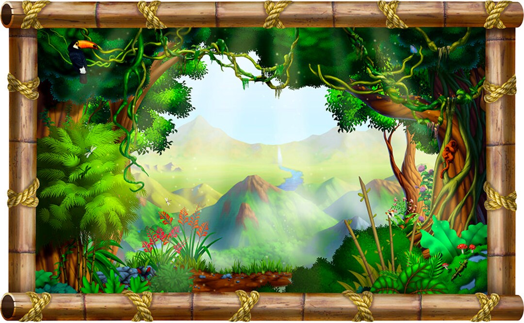 Jungle Peel and Stick Faux Window Framed Mural Peel and Stick Wall Art Decal choice of Design