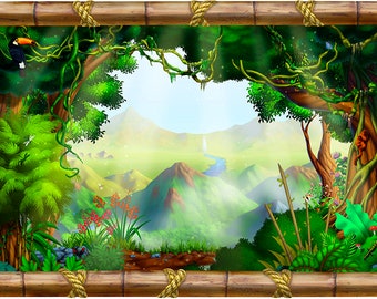 Jungle Peel and Stick Faux Window Framed Mural Peel and Stick Wall Art Decal (Choice of Design and Size!)