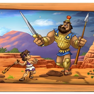 Biblical David & Goliath Scene Wall Decal (Choice of Frame or Scroll!) Available as Peel and Stick or Wallcovering!