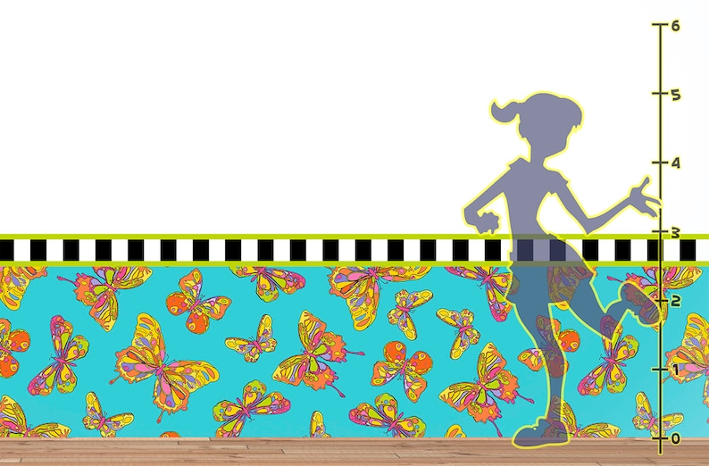 Choice of Borders and Optional Coordinating Butterfly Decals! Orange and Teal Butterfly Peel and Stick Wainscot Wall Decal and Borders