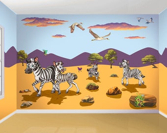 Zebra Giraffe Elephant African Safari Room in a Tube Peel and Stick Wall Decals (with Optional Add-Ons!)