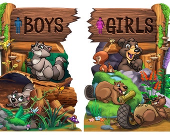 Raccoon, Beavers and Bears Boys and Girls Restroom/Bathroom Door Signs Reusable and Removable Peel and Stick Wall Decals