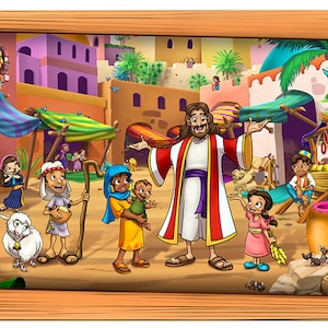 Biblical Jesus with Children in the Marketplace Mural Wall Peel and Stick Art Decal (Choice of Frame or Scroll!)
