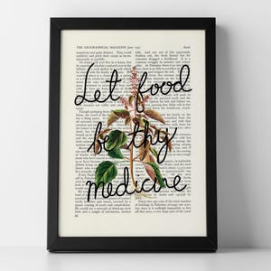 Basil Print mit Vintage Blumen Spruch auf Buchdruck | Lass Essen deine Medizin sein | Denkweise Poster | Kochen Geschenkidee | Küchen Dekore