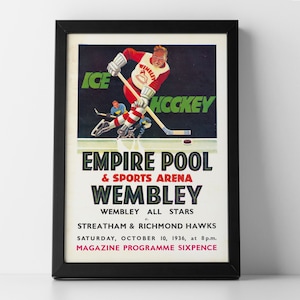 Vintage posterafdruk ijshockeyprogramma, oktober 1936, sportmemorabilia, cadeau-ideeën ijshockey, oude Britse advertenties