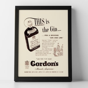 Gordon&#39;s Gin Advert from 1955 - framed or unframed poster print - Bar decor - wall art - Kitchen wall - Retro - vintage drinks Poster