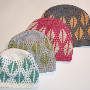 May include: Four crocheted hats in different colors with a geometric pattern. The hats are arranged in a row, with the largest hat at the top and the smallest hat at the bottom. The hats are made with a variety of colors, including gray, red, green, and white.