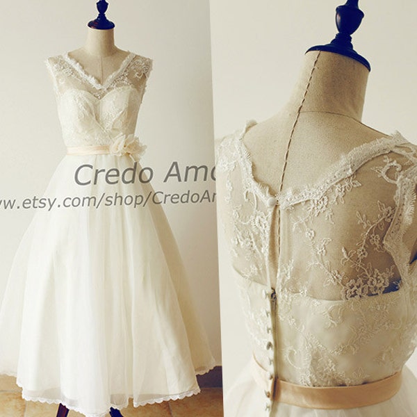 Vintage Lace Organza Wedding dress Short Tea Length V Neck Bridal Gown with Champagne Flower Sash