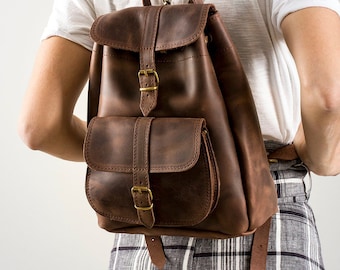Handcrafted Leather Rucksack Purse, Small Travel Backpack