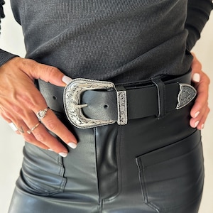 VALERIE black leather belt women, genuine leather belt with buckle, western belt women, black belt, gift for her