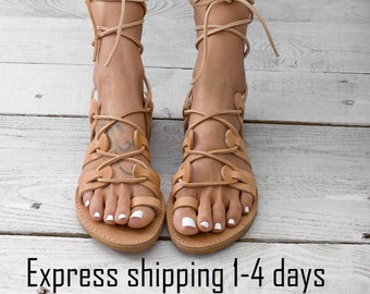 ATHENA Leather sandals, Natural color Greek gladiator sandals, Toe ring sandals, lace up sandals,women sandals, women shoes