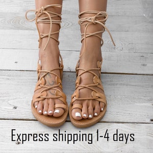 ATHENA Leather sandals, Natural color Greek gladiator sandals, Toe ring sandals, lace up sandals,women sandals, women shoes image 1