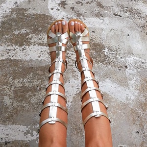 gladiator sandals women, gold gladiator sandals, high knee sandals, ancient Greek sandals, gold leather sandals, CASSANDRA sandals