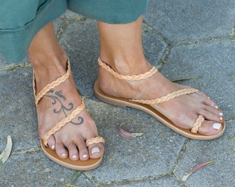 sandalias de cuero griego para mujer, sandalias de cuero para mujer, sandalias griegas antiguas, Griechische Leder Sandalen, sandalias con anillo en el dedo del pie, SYROS trenzado