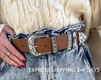Brown Leather Belt Women, Rock country Style Belt with Silver Buckle, VALERIE