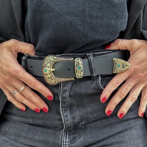 IGGY leather belt women, black leather belt with buckle, western leather belt, leather gift for her, leather black belt handmade in Greece