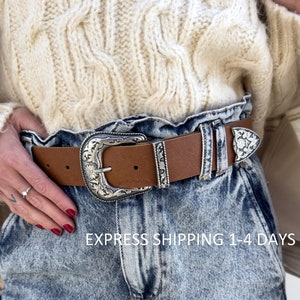 VALERIE brown leather belt women, genuine leather belt with buckle, rock belt women, brown belt, gift for her