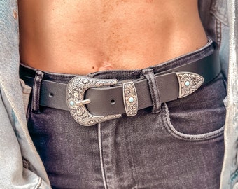 IGGY Handmade Women&#39;s Black Leather Belt with Rocker Buckle, Unique handmade gift from Greece