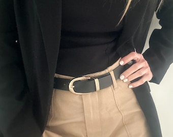 Black Leather Belt, Gold Buckle, Classic Women's Belt Yoko