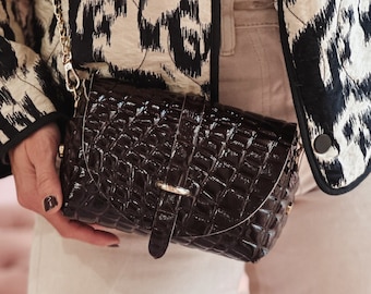 Handcrafted Dark Brown Croco Leather Mini Crossbody Bag