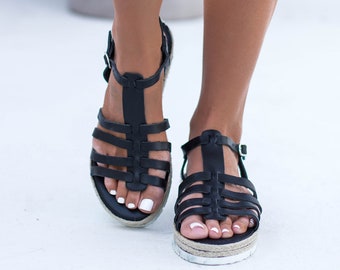 ELENI black leather sandals, gladiator sandals women, Greek sandals women, strappy sandals, flatform sandals, platform sandals