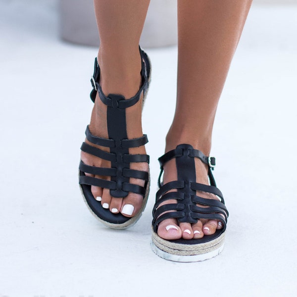 ELENI black leather sandals, gladiator sandals women, Greek sandals women, strappy sandals, flatform sandals, platform sandals