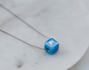 Cube chain necklace women, silver necklace, turquoise charm, jewelry gift, gift for her