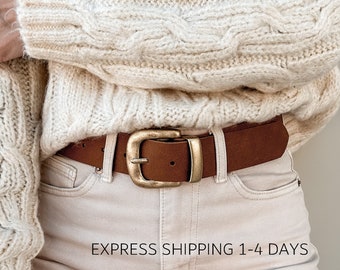 GLORIA brown leather belt women, belt with bronze buckle, genuine leather belt for women handmade in Greece,  gift for her