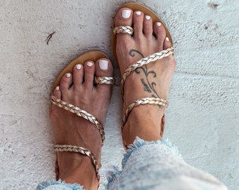 women Greek leather sandals, womens leather sandals, gold sandals, Griechische Leder Sandalen, toe ring sandals, SYROS Braided gold