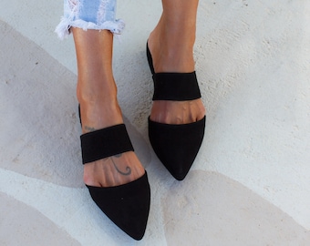 Women’s Suede Pointed-Toe Mules – Black, Slip-On, Instep Strap, Leather Footbed | Handmade in Greece | NOIR