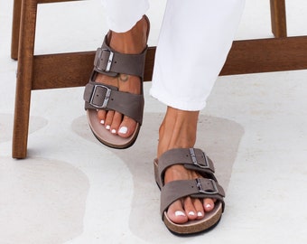 women sandals, double buckle slides sandals women, chunky sandals, minimalist sandals, gray sandals, greek sandals for women "ROADTRIP"