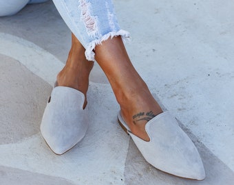 leather mules women, gray mules shoes women, loafers, suede shoes for women,  handmade women shoes, autumn shoes, mules flats, gift for her