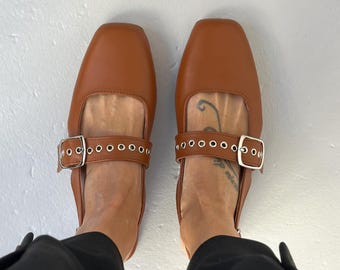 Damen Tan Leder Slingback Ballerinas (Mules) - Verstellbarer Riemen, Wohnungen | Handgemacht in Griechenland | Mia