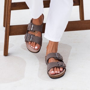 women sandals, double buckle slides sandals women, chunky sandals, minimalist sandals, gray sandals, greek sandals for women &quot;ROADTRIP&quot;