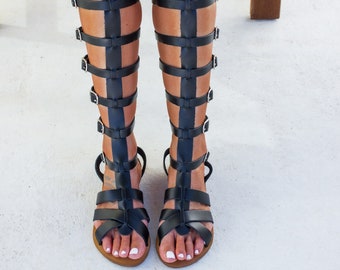 sandalias de gladiador mujer, sandalias de gladiador negro, sandalias espartanas, sandalias griegas antiguas, sandalias de cuero negro, sandalias CASSANDRA para mujer