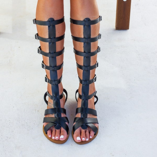 Black Leather Knee High Sandals, Gladiator Strap Back Zipper Sandal, Handmade Greek Sandals | Cassandra