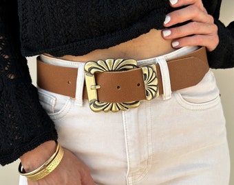 ANGIE brown leather belt women, genuine cow leather, gold buckle, boho belt women, brown belt with buckle, gift for her