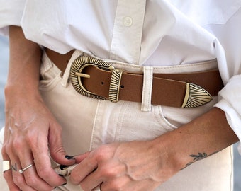 Brown Leather Belt, Bronze Buckle, Greek cowhide, statement buckle, BONNIE