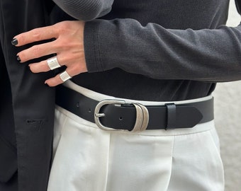 ALICE black leather belt for women, genuine leather belt silver buckle, classic belt women, black belt with buckle, gift for her, gift woman