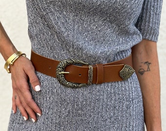 JADE brown leather belt women, cow leather belt with buckle, gold buckle, rock belt women, brown belt, gift for her