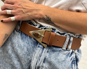 BIG ARROW brown boho leather belt women, large buckle with stone, genuine cow leather, brown belt with buckle, gift for her