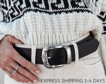GLORIA black leather belt women, genuine cow leather belt with buckle, gift for her, belt for women